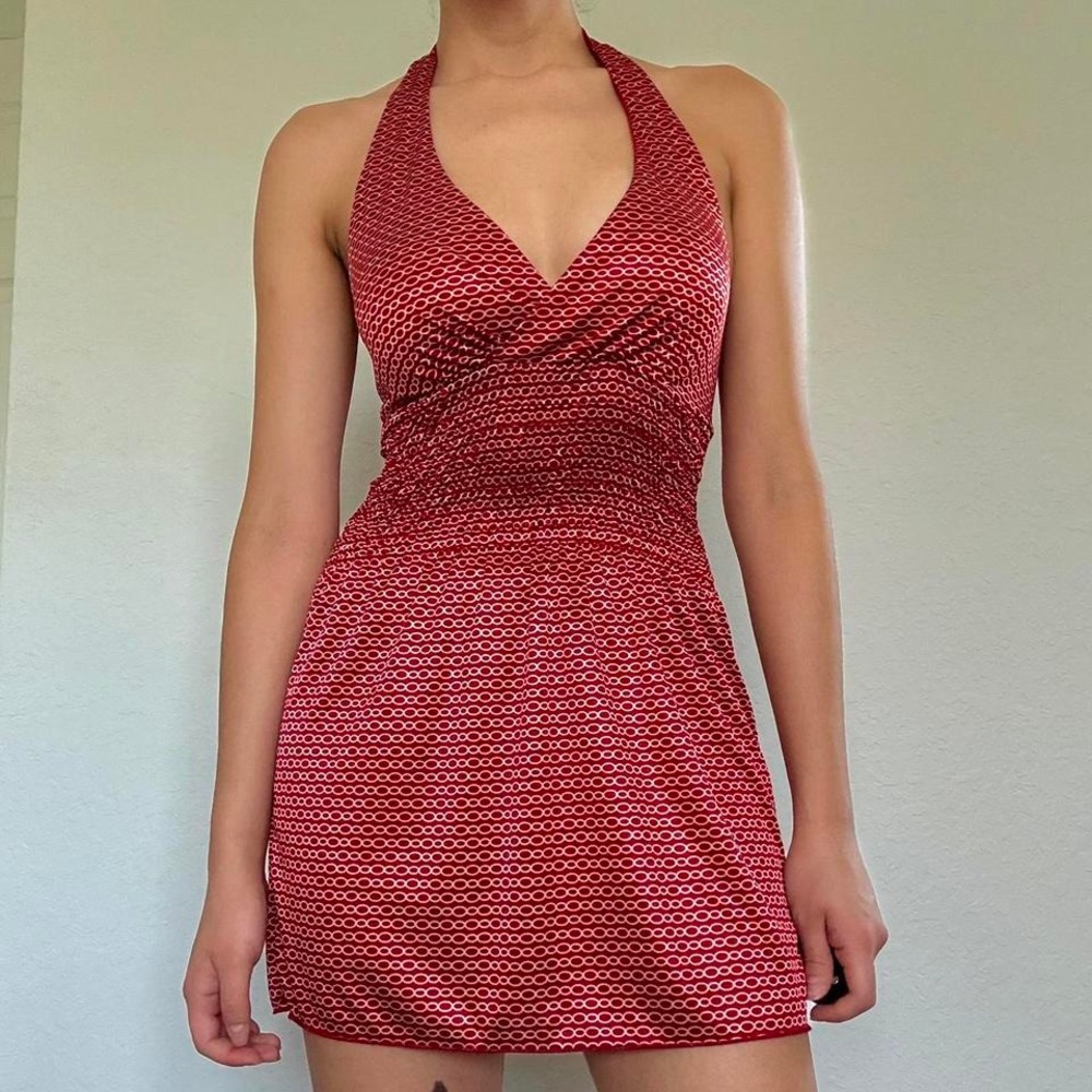 Retro red polka dot mini halter dress